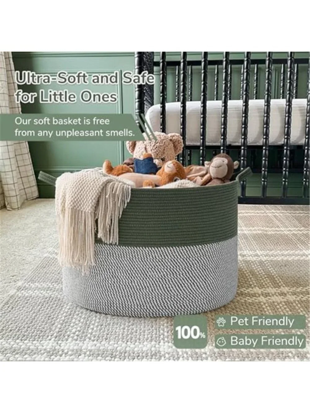New XXXLarge Woven Rope Blanket Basket Living Room Green, 90L